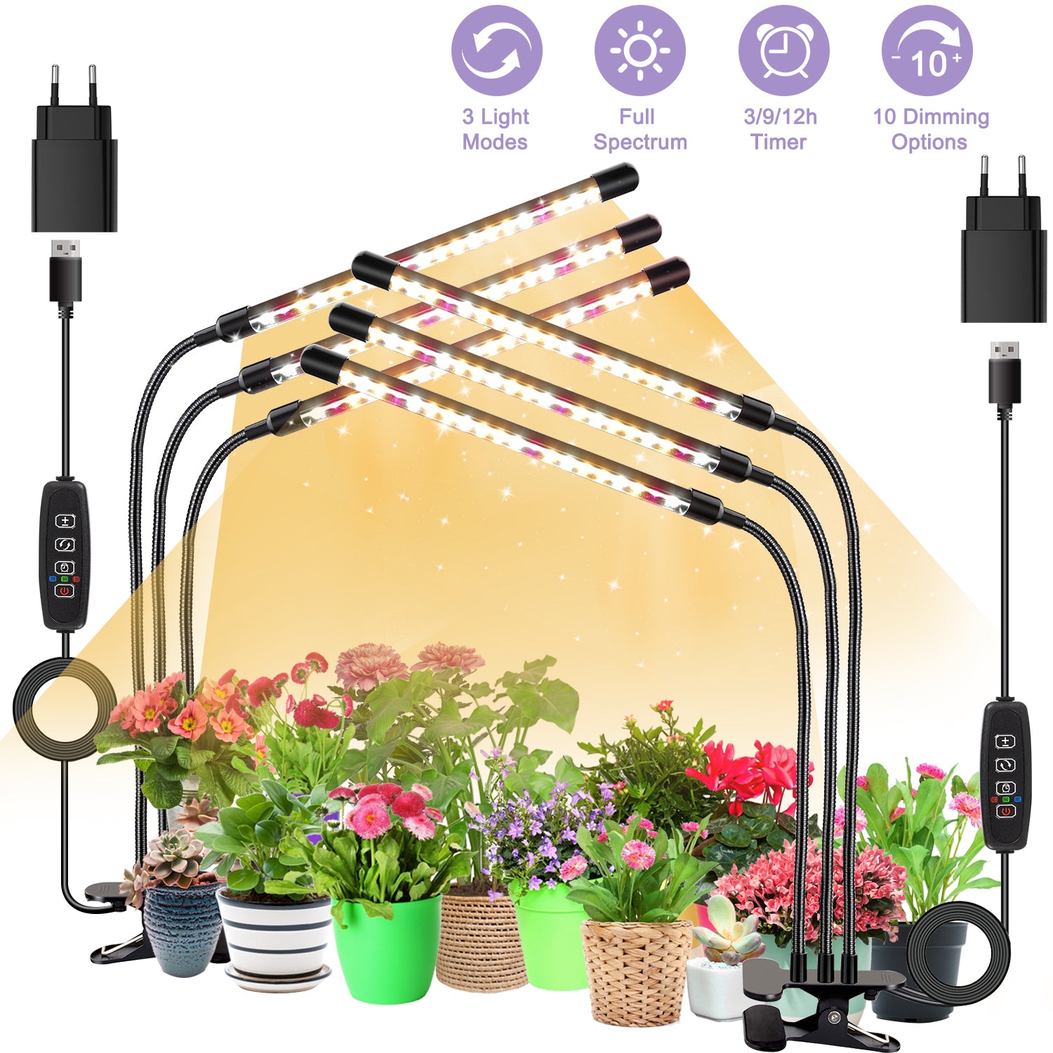 plant grow lights for indoor plants 2Pack 3head grow lamp LED, full spectrum plant light with timer, 3 col – Niello Shop