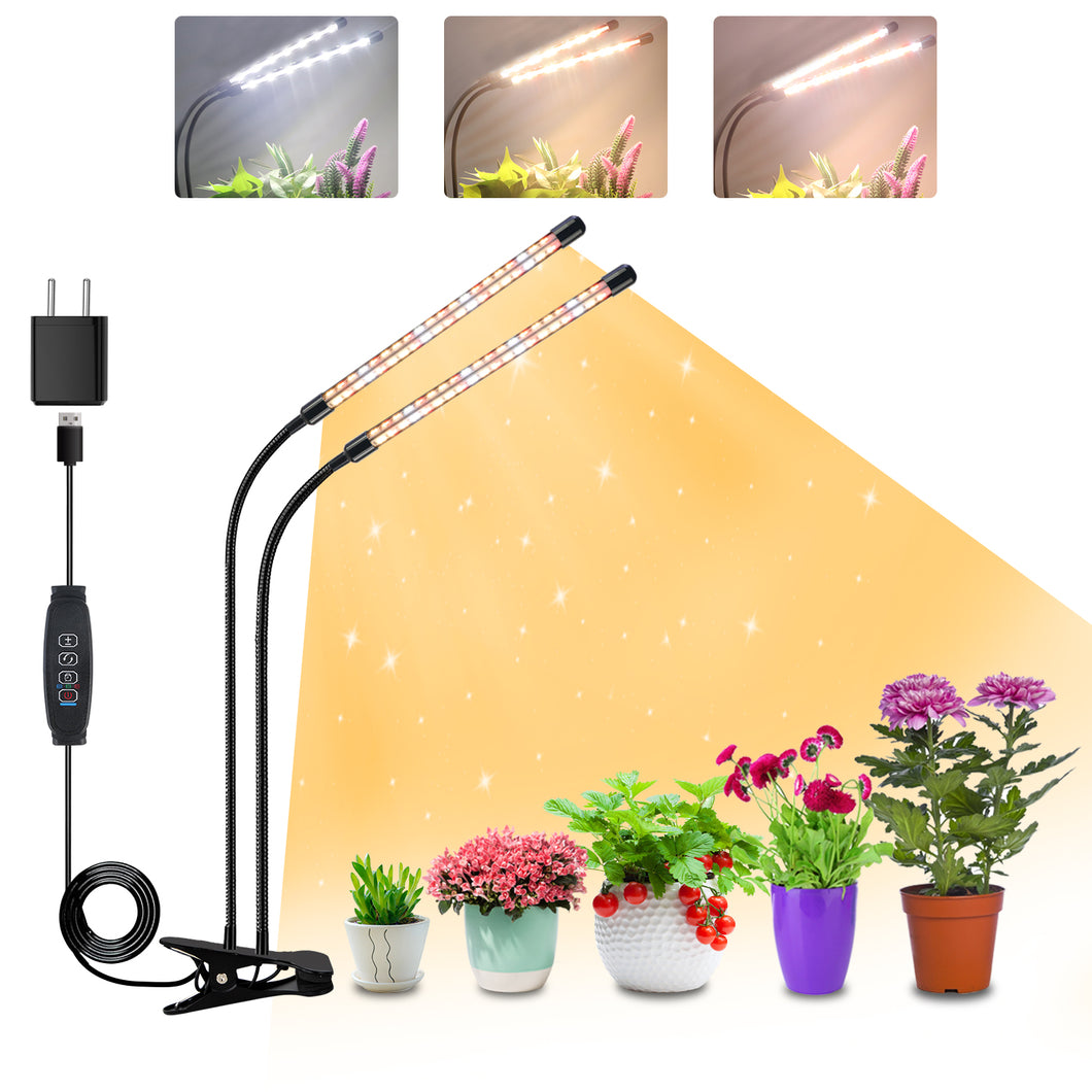 2 Head LED Plant Lamp, Full Spectrum Plant Light with Auto on/off Timer, 3 color modes and 10 levels dimmable, growth lamp for indoor plants, houseplants