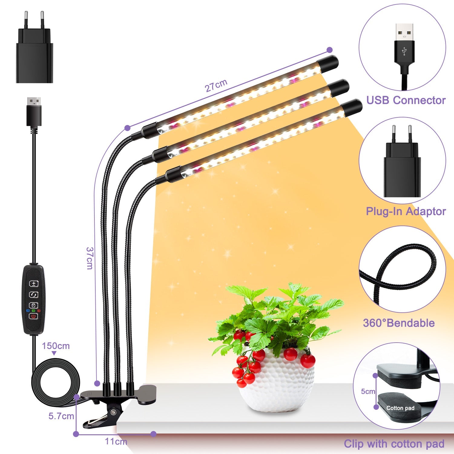 plant grow light empyrion 2Pack 3head grow lamp LED, full spectrum plant light with timer, 3 color modes and 10 levels dimmable, growth lamp for indoor plants, houseplants